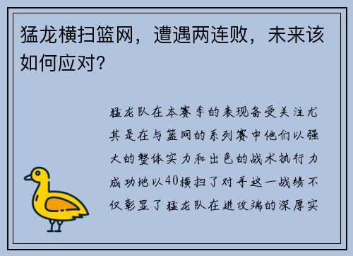 猛龙横扫篮网，遭遇两连败，未来该如何应对？