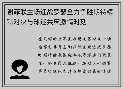 谢菲联主场迎战罗瑟全力争胜期待精彩对决与球迷共庆激情时刻
